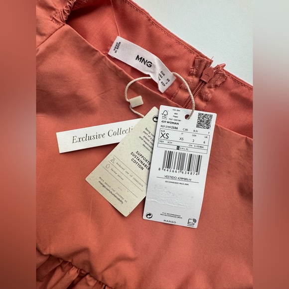 NWT Mango Miri Puffed Sleeve Mini Dress - Coral Pink 100% Cotton - Size XS - Picture 7 of 16